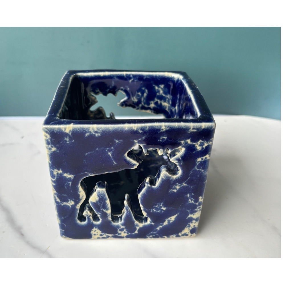 Bennington Potters Blue Sponge Glaze Moose Cutout Candle Holder Vermont